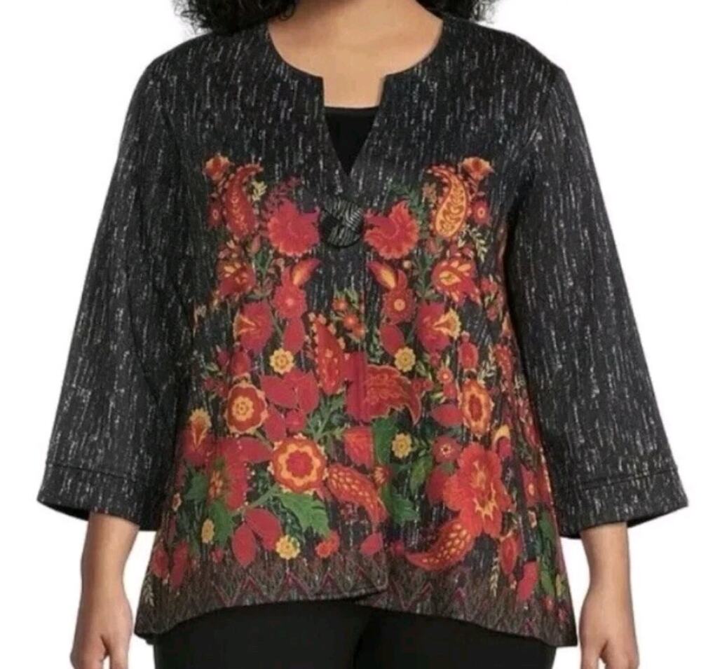 Ali Miles Womens XL Floral Abstract Artsy Button Jacket Tunic 3/4 Sleeve Bold